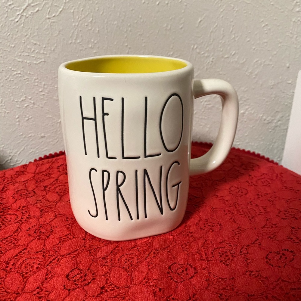 Rae Dunn spring mug with “Hello Spring” text